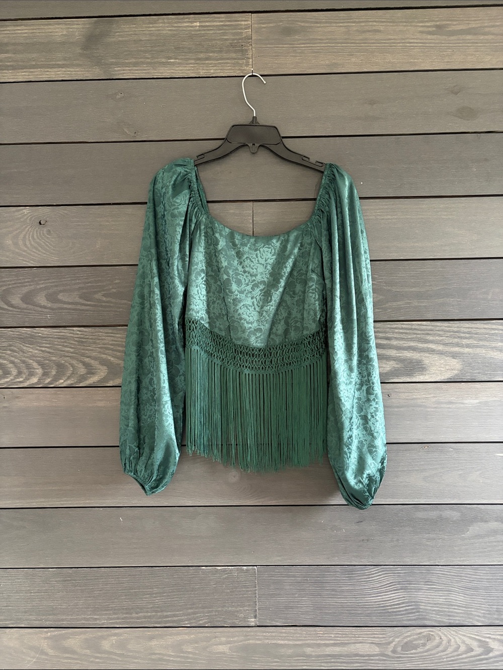 Buckle Green Jacquard Fringe Long-Sleeve Blouse